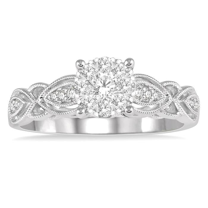 3/8 Ctw Circular Mount Marquise Lattice Shine Bright Round Cut Diamond Ring in 14K White Gold