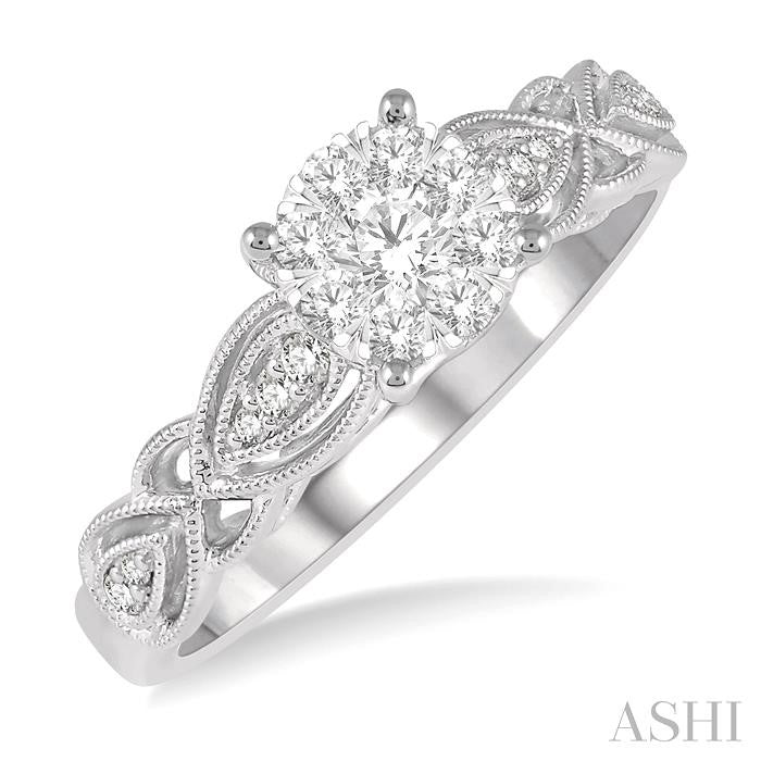 3/8 Ctw Circular Mount Marquise Lattice Shine Bright Round Cut Diamond Ring in 14K White Gold
