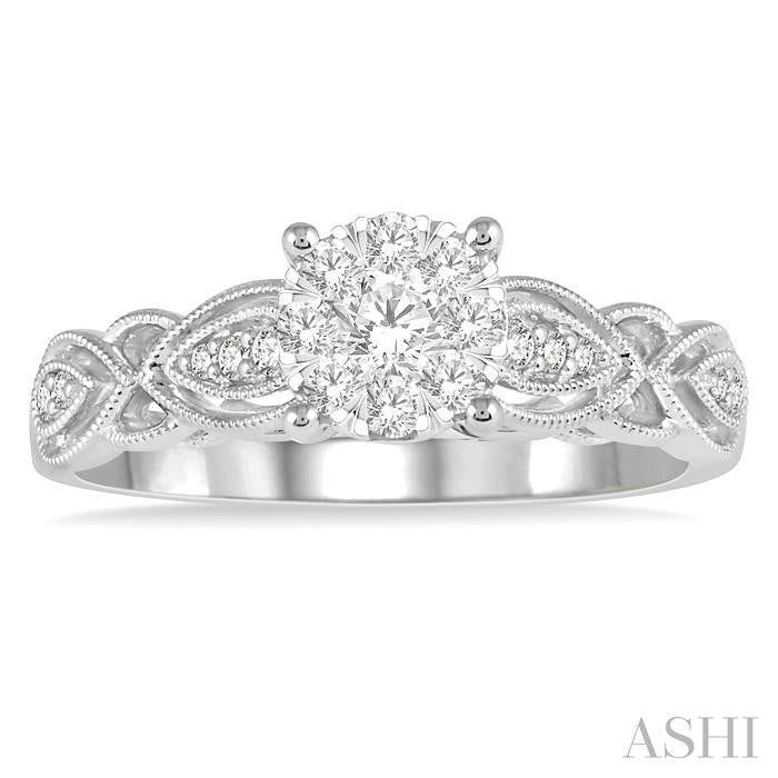 3/8 Ctw Circular Mount Marquise Lattice Shine Bright Round Cut Diamond Ring in 14K White Gold