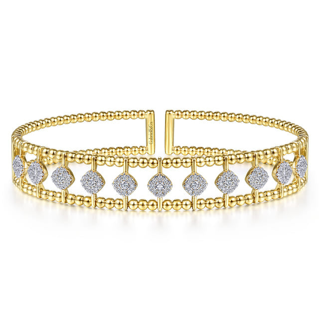 14K Yellow Gold Bujukan Bead Cuff Bracelet with Pave Diamond Connectors