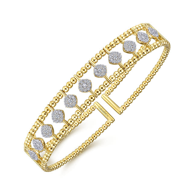 14K Yellow Gold Bujukan Bead Cuff Bracelet with Pave Diamond Connectors