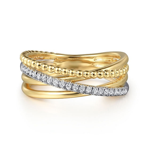 14K White and Yellow Gold Diamond Criss Cross Bujukan Ladies Ring