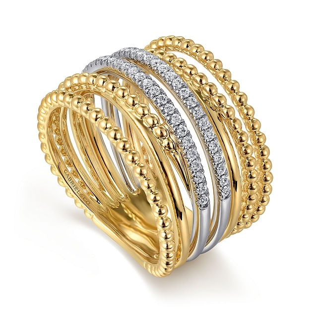 14K White and Yellow Gold Diamond Bujukan Easy Stackable Ladies Ring