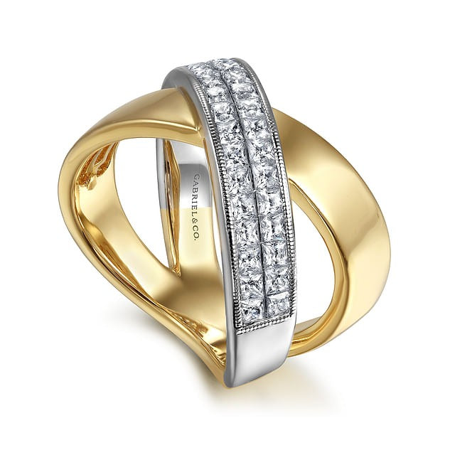 14K White Yellow Gold Criss Cross Diamond Ring