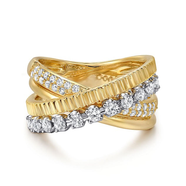 14K White Yellow Gold Diamond Criss Cross Ring
