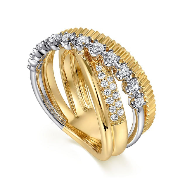14K White Yellow Gold Diamond Criss Cross Ring