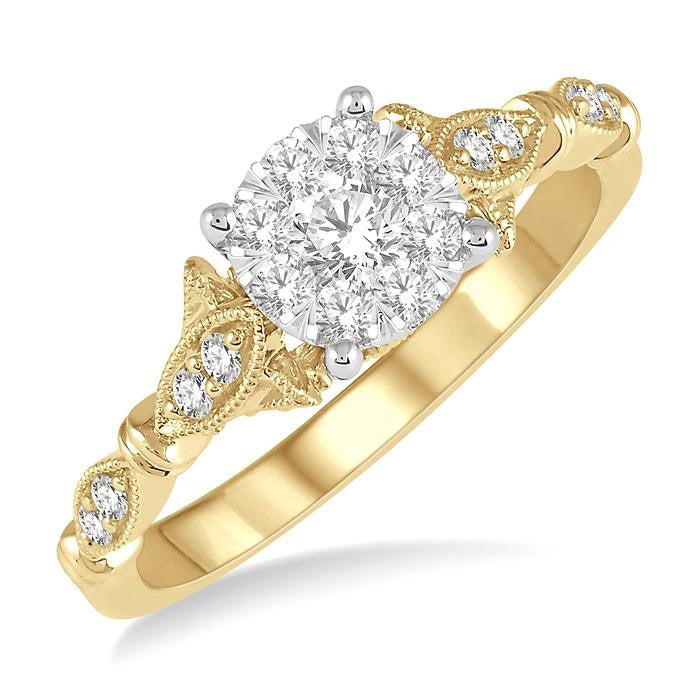 1/2 Ctw Marquise Shank Circular Mount Shine Bright Round Cut Diamond Ring in 14K Yellow and White gold
