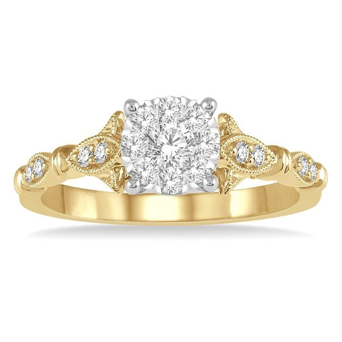 1/2 Ctw Marquise Shank Circular Mount Shine Bright Round Cut Diamond Ring in 14K Yellow and White gold
