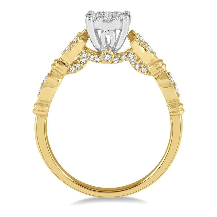 1/2 Ctw Marquise Shank Circular Mount Shine Bright Round Cut Diamond Ring in 14K Yellow and White gold
