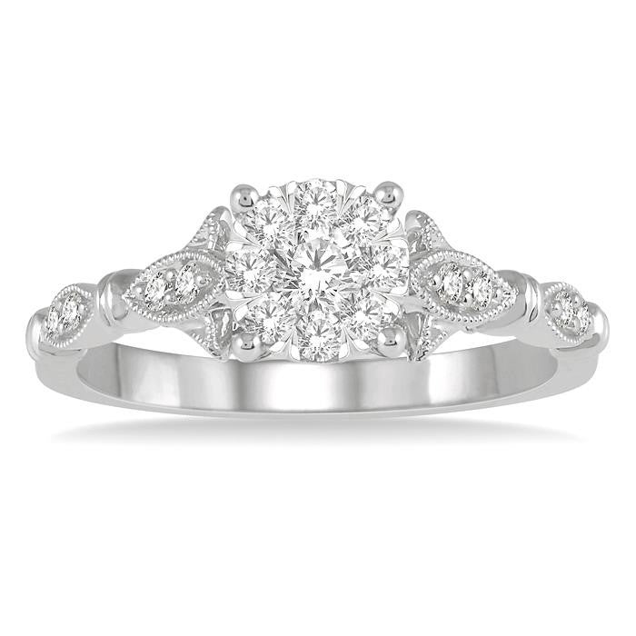 1/2 Ctw Marquise Shank Circular Mount Shine Bright Round Cut Diamond Ring in 14K White Gold