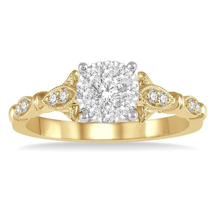 1/2 Ctw Marquise Shank Circular Mount Shine Bright Round Cut Diamond Ring in 14K Yellow and White Gold