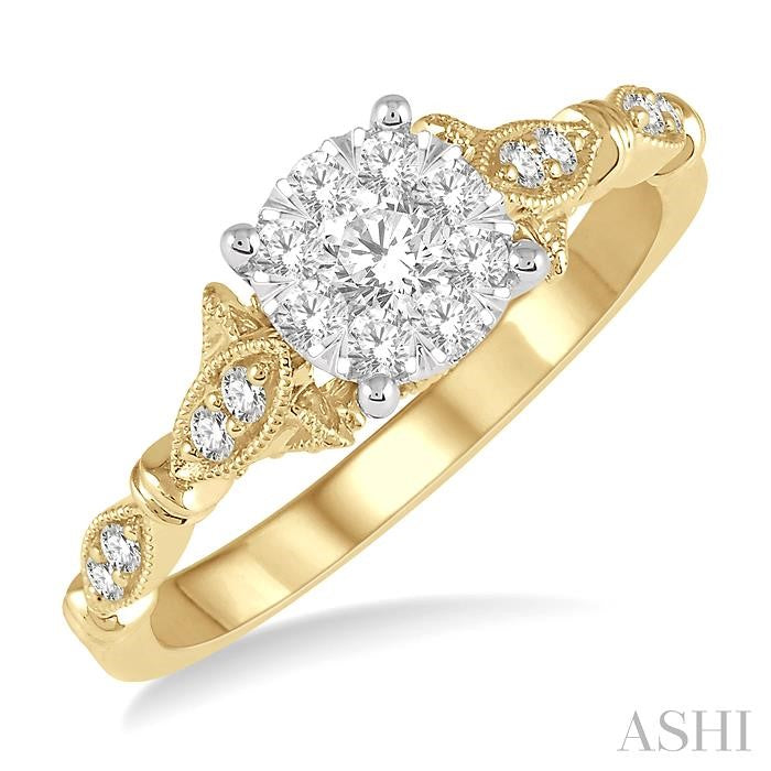 1/2 Ctw Marquise Shank Circular Mount Shine Bright Round Cut Diamond Ring in 14K Yellow and White Gold