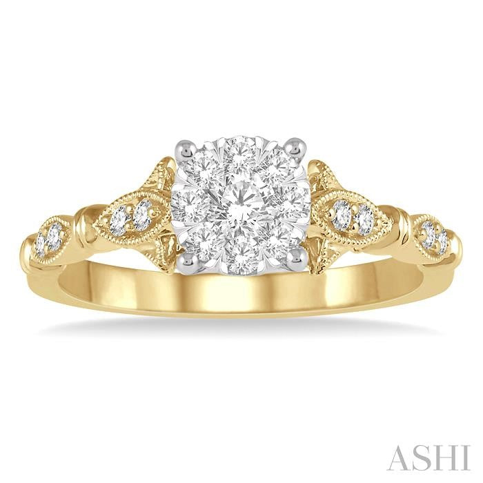 1/2 Ctw Marquise Shank Circular Mount Shine Bright Round Cut Diamond Ring in 14K Yellow and White Gold