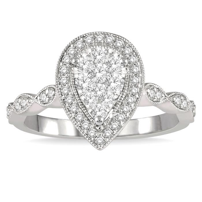 1/2 Ctw Pear Shape Mount Marquise Shank Shine Bright Round Cut Diamond Ring in 14K White Gold