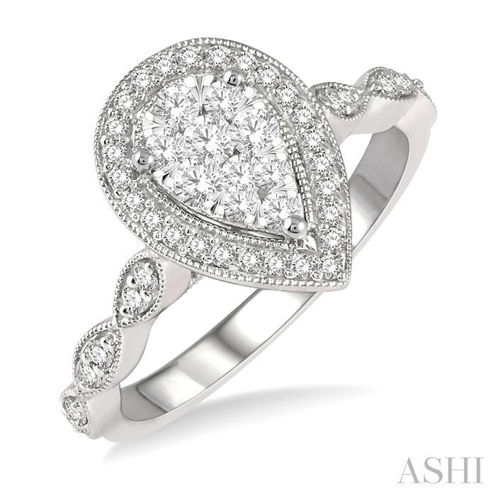 1/2 Ctw Pear Shape Mount Marquise Shank Shine Bright Round Cut Diamond Ring in 14K White Gold