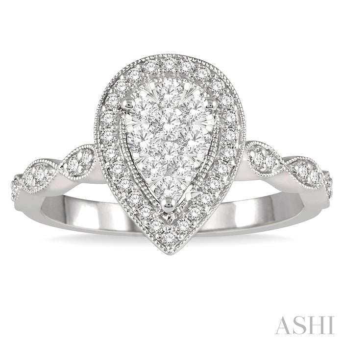 1/2 Ctw Pear Shape Mount Marquise Shank Shine Bright Round Cut Diamond Ring in 14K White Gold