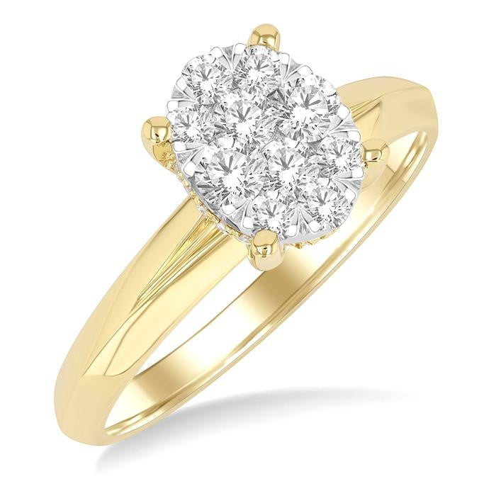 1/2 Ctw Knife Edge Shank Oval Shaped Shine Bright Round Cut Diamond Ring in 14K Yellow and White Gold
