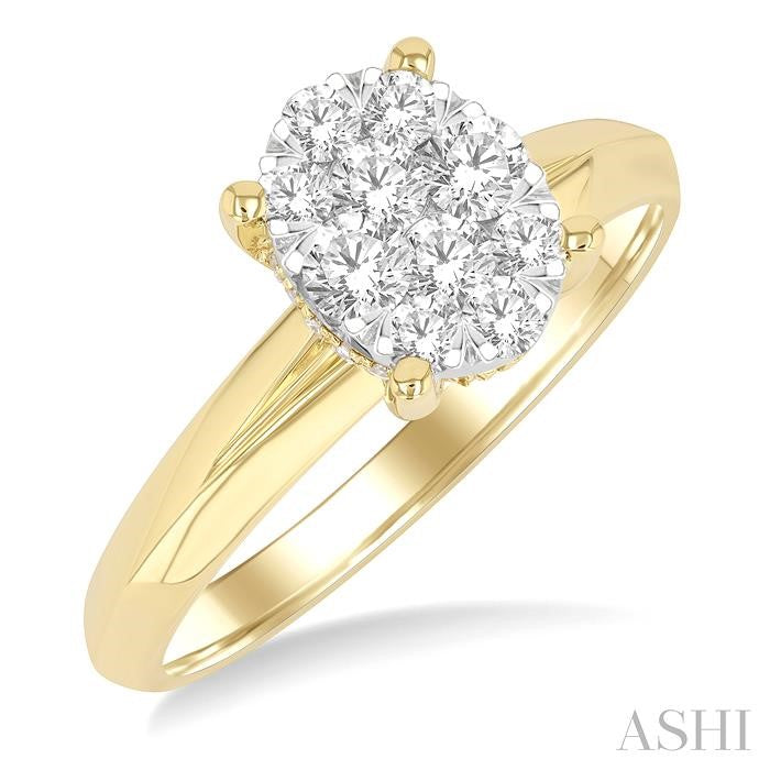 1/2 Ctw Knife Edge Shank Oval Shaped Shine Bright Round Cut Diamond Ring in 14K Yellow and White Gold