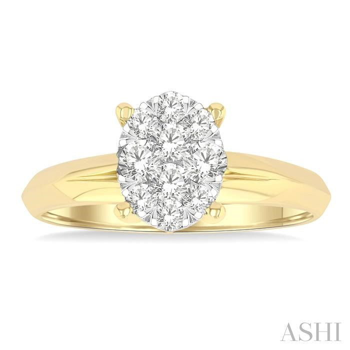 1/2 Ctw Knife Edge Shank Oval Shaped Shine Bright Round Cut Diamond Ring in 14K Yellow and White Gold