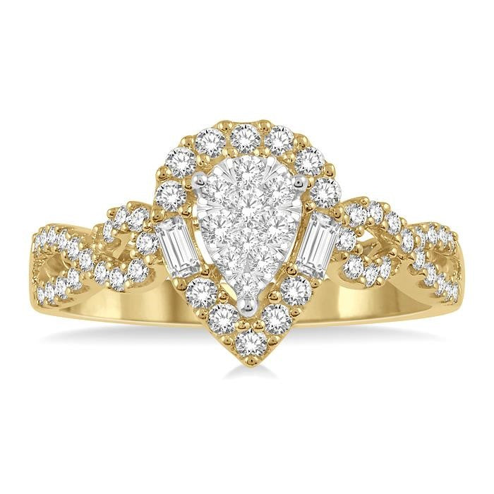 1/2 Ctw Pear Shape Bow Shank Shine Bright Round and Baguette Diamond Ring in 14K Yellow and White gold