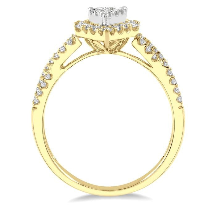 1/2 Ctw Pear Shape Bow Shank Shine Bright Round and Baguette Diamond Ring in 14K Yellow and White gold