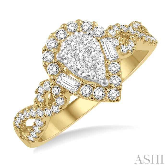 1/2 Ctw Pear Shape Bow Shank Shine Bright Round and Baguette Diamond Ring in 14K Yellow and White gold