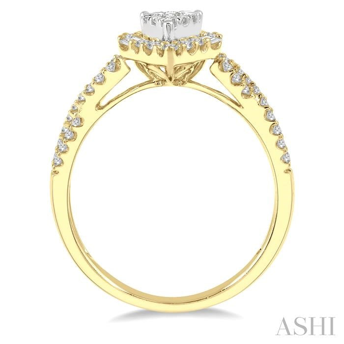 1/2 Ctw Pear Shape Bow Shank Shine Bright Round and Baguette Diamond Ring in 14K Yellow and White gold