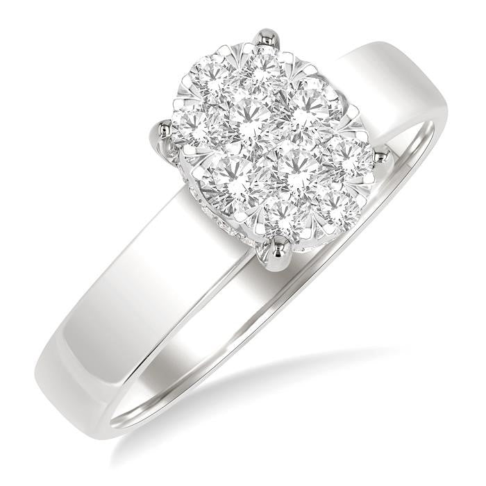1/2 Ctw Bold Shank Oval Shaped Shine Bright Round Cut Diamond Ring in 14K White Gold