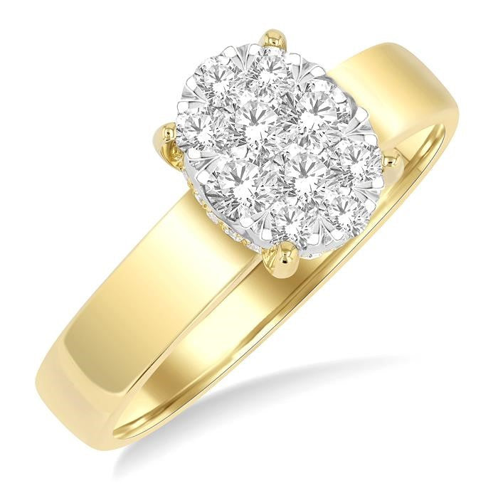 1/2 Ctw Bold Shank Oval Shaped Shine Bright Round Cut Diamond Ring in 14K Yellow and White Gold