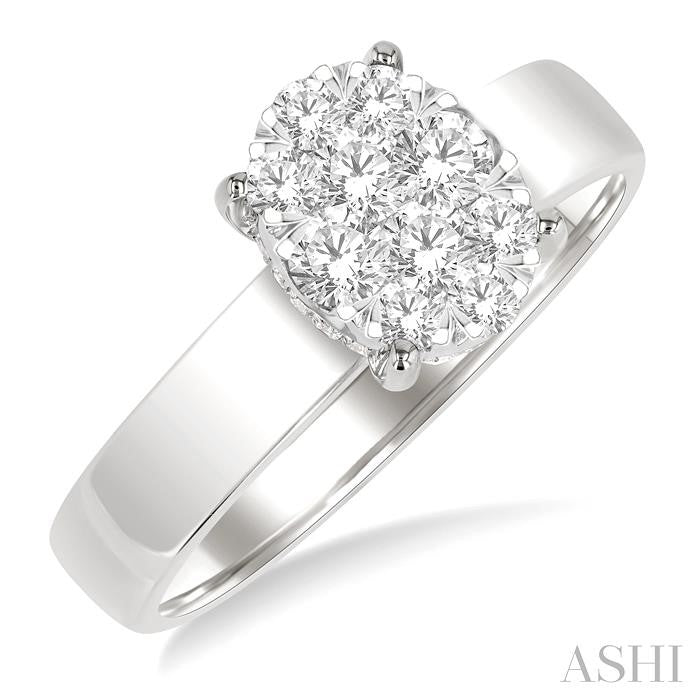 1/2 Ctw Bold Shank Oval Shaped Shine Bright Round Cut Diamond Ring in 14K White Gold