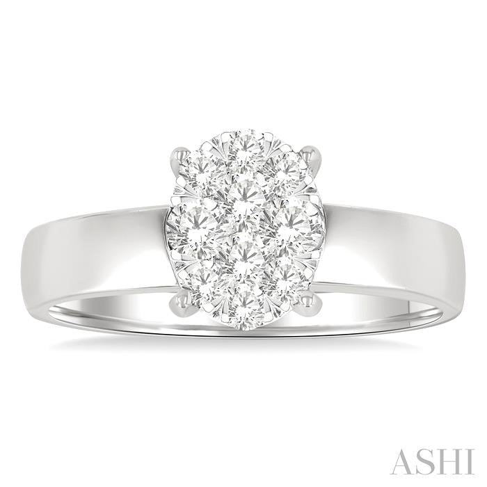 1/2 Ctw Bold Shank Oval Shaped Shine Bright Round Cut Diamond Ring in 14K White Gold