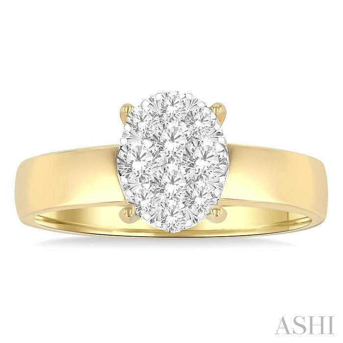 1/2 Ctw Bold Shank Oval Shaped Shine Bright Round Cut Diamond Ring in 14K Yellow and White Gold