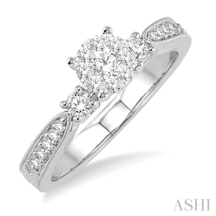 1/3 Ctw Round Cut Diamond Lovebright Engagement Ring in 14K White Gold