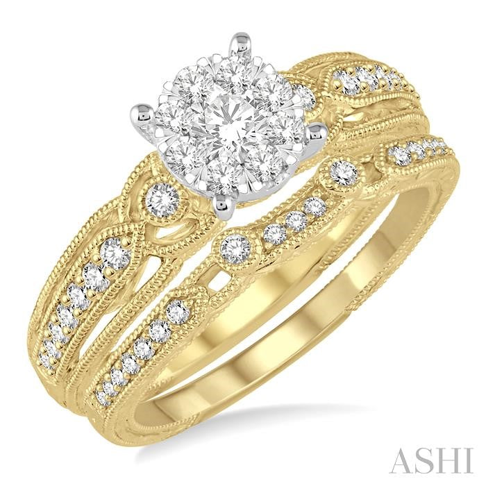 1/2 Ctw Round Cut Diamond Shine Bright Bridal Set with 3/8 Ctw Engagement Ring and 1/10 Ctw Wedding Band in 14K Yellow and White Gold