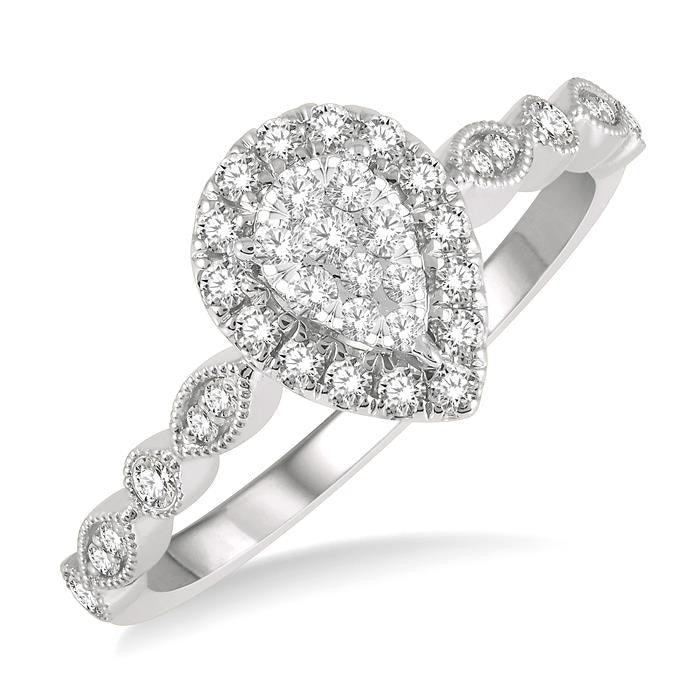 1/3 Ctw Lattice Pear Shape Shine Bright Round Cut Diamond Engagement Ring in 14K White Gold