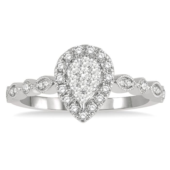 1/3 Ctw Lattice Pear Shape Shine Bright Round Cut Diamond Engagement Ring in 14K White Gold
