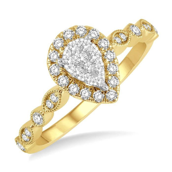 1/3 Ctw Lattice Pear Shape Shine Bright Round Cut Diamond Engagement Ring in 14K Yellow and White Gold