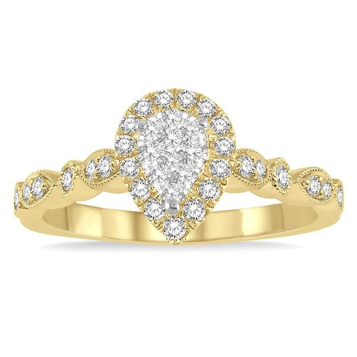 1/3 Ctw Lattice Pear Shape Shine Bright Round Cut Diamond Engagement Ring in 14K Yellow and White Gold
