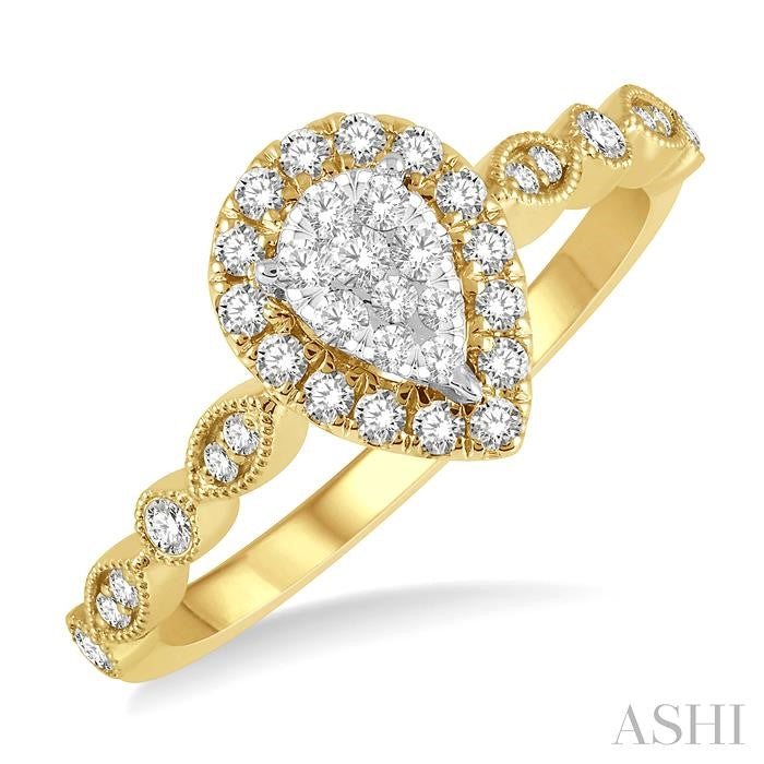 1/3 Ctw Lattice Pear Shape Shine Bright Round Cut Diamond Engagement Ring in 14K Yellow and White Gold