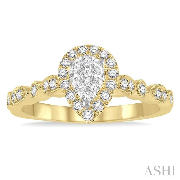 1/3 Ctw Lattice Pear Shape Shine Bright Round Cut Diamond Engagement Ring in 14K Yellow and White Gold