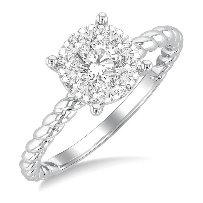 1/2 Ctw Shine Bright Circular Shape Rope Textured Shank Round Cut Diamond Cluster Ring in 14K White Gold