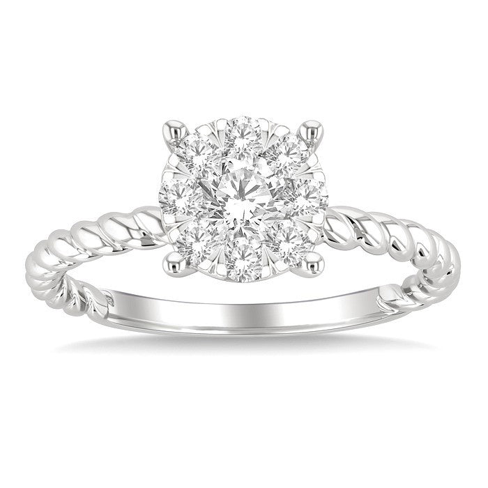 1/2 Ctw Shine Bright Circular Shape Rope Textured Shank Round Cut Diamond Cluster Ring in 14K White Gold