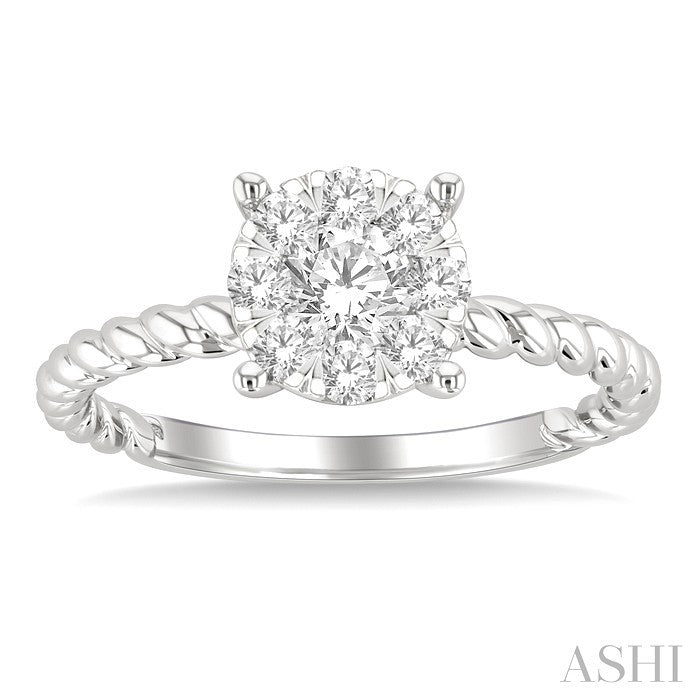 1/2 Ctw Lovebright Circular Shape Rope Textured Shank Round Cut Diamond Cluster Ring in 14K White Gold