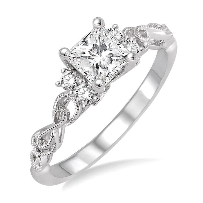 1/2 Ctw Diamond Engagement Ring with 1/3 Ct Princess Cut Center Stone in 14K White Gold