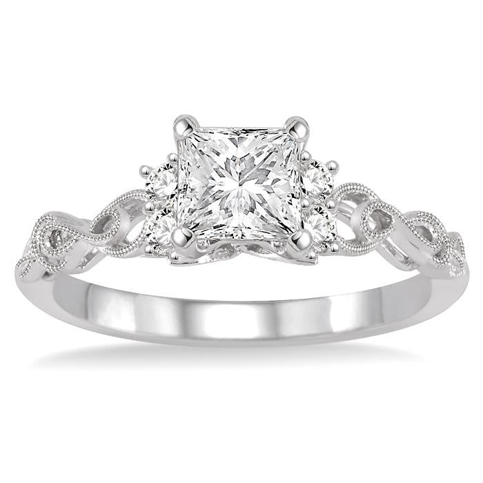 1/2 Ctw Diamond Engagement Ring with 1/3 Ct Princess Cut Center Stone in 14K White Gold