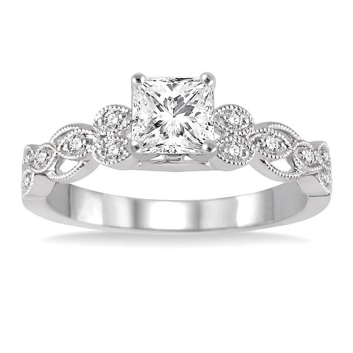 1/2 Ctw Diamond Engagement Ring with 1/3 Ct Princess Cut Center Stone in 14K White Gold