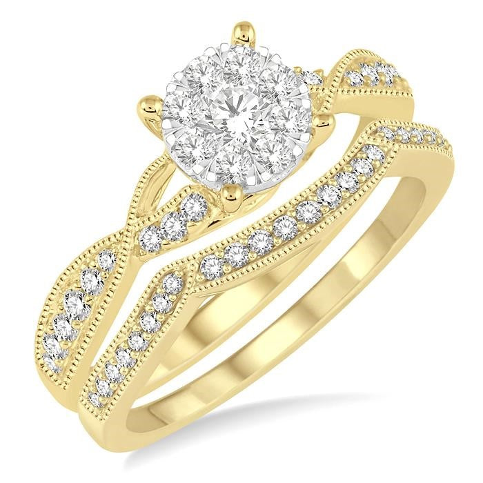 5/8 Ctw Round Cut Diamond Shine Bright Bridal Set with 1/2 Ctw Engagement Ring and 1/6 Ctw Wedding Band in 14K Yellow and White Gold