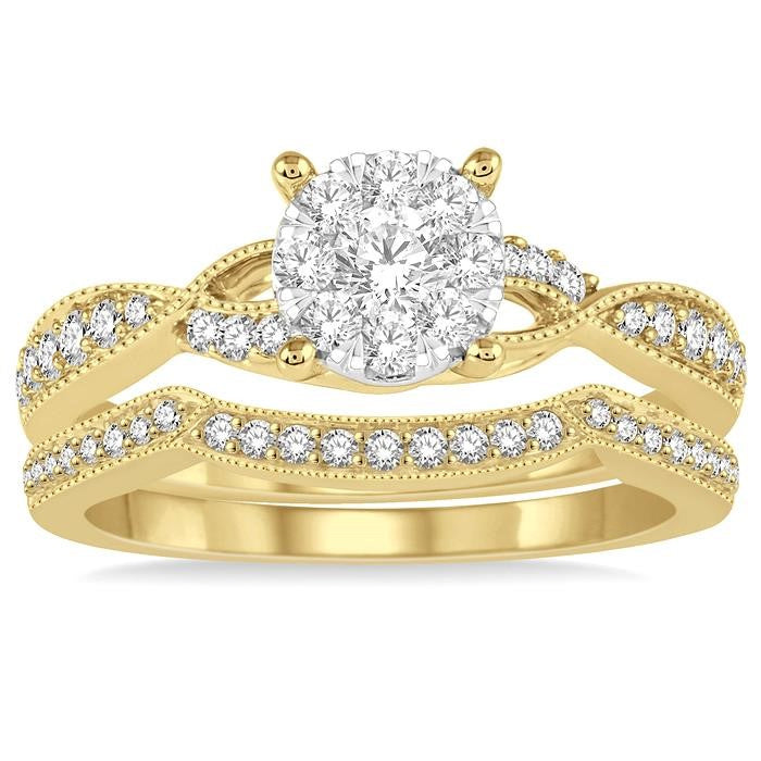 5/8 Ctw Round Cut Diamond Shine Bright Bridal Set with 1/2 Ctw Engagement Ring and 1/6 Ctw Wedding Band in 14K Yellow and White Gold