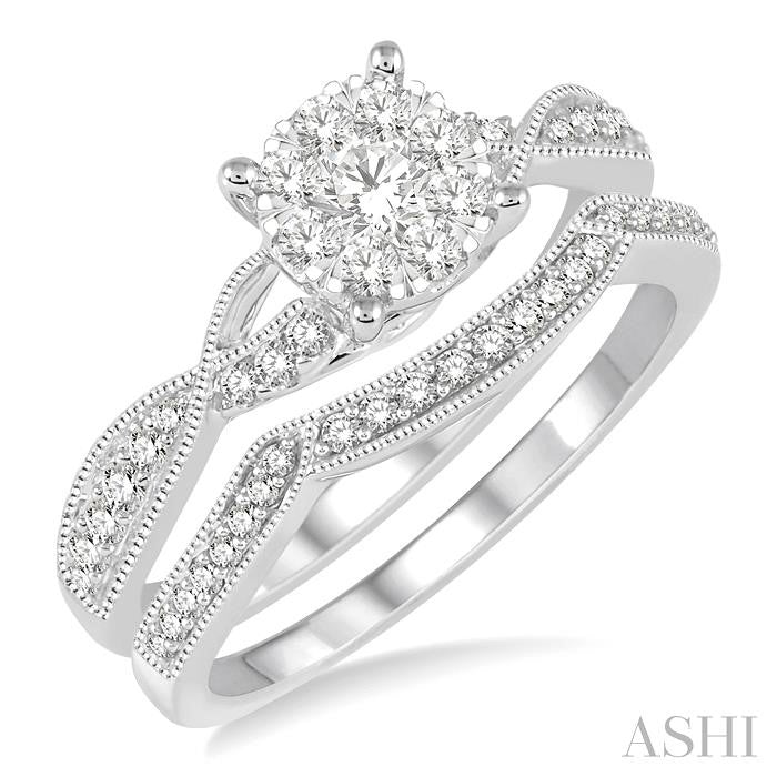 5/8 Ctw Round Cut Diamond Shine Bright Bridal Set with 1/2 Ctw Engagement Ring and 1/6 Ctw Wedding Band in 14K White Gold