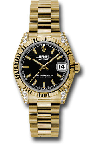 *Pre-Owned* Rolex Yellow Gold Datejust 31 Watch - Fluted Bezel - Black Index Dial - President Bracelet